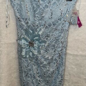 Elegant Light Blue Lace Dress with Floral Accent